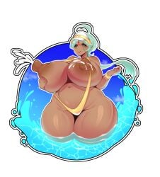 1girls beyblade beyblade_burst commission cosmicpalomita dark-skinned_female green_eyes huge_boobs huge_breasts huge_nipples lactating lactating_nipples lactation nearly_naked nearly_nude pri_forsythe red_strand_of_hair sling slingshot_swimsuit teal_hair thick_thighs visor_cap water