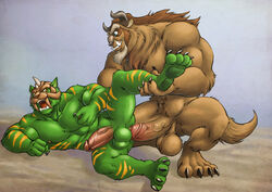 2boys absurd_res anal anthro armor balls battle_cat beast_(disney) beauty_and_the_beast big_penis blue_eyes claws cringer disney duo feline fur furryrevolution gay green_fur helmet hi_res horn male male_only mammal masters_of_the_universe monster muscular nude open_mouth penis stripes tusks yaoi