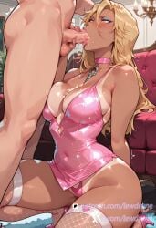 1boy ai_generated bleach blonde_hair blush cleavage cum_in_mouth cum_on_body cum_on_breasts dark_skin ejaculation eyeshadow fellatio female golden_eyes gyaru heart high_heels large_breasts lewdrune long_hair mature oral pink_choker pink_thong saliva small_penis solo_focus straight tan tanlines testicles tongue tongue_out trembling