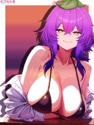 1girls big_breasts bikini bikini_top_only black_bikini breasts cleavage commentary english_commentary female half-closed_eyes highres huge_breasts indie_virtual_youtuber large_breasts leaf leaf_on_head massive_breasts open_clothes open_shirt orange_eyes pixel_art purple_hair sachiihappy seductive_gaze seductive_smile seth-chama sethchamachama shirt sidelocks smile swimsuit symbol-shaped_pupils virtual_youtuber vtuber white_shirt yuusachii_(vtuber)