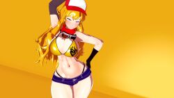 1girls 3d arm_behind_head armpits big_breasts bikini bikini_top bikini_top_only blonde_female blonde_hair busty denim_shorts fingerless_gloves hand_on_hip hat hi_res large_breasts long_hair long_hair_female model_pose nakadashi_(artist) navel pose posing purple_eyes rwby sensual sexy sexy_pose short_shorts smile solo_female thong_bikini toned voluptuous whale_tail yang_xiao_long