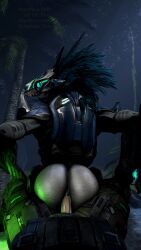 2022 3d_(artwork) 4k 9:16 absurd_res alien anthro anthro_penetrated armor ass avian blue_body blue_eyes blue_feathers bodily_fluids bottomless bottomless_anthro bottomless_female clothed clothing colored digital_media_(artwork) duo face_covered faceless_character faceless_human faceless_male feather_hair feathered_crest feathers female female_on_human female_penetrated first_person_view forest forest_background genital_fluids genitals glowing glowing_eyes grey_body halo_(series) hand_on_leg head_crest hi_res human human_on_anthro human_penetrating human_penetrating_anthro human_penetrating_female human_pov interspecies kig-yar light_body light_skin male male/female male_on_anthro male_penetrating male_penetrating_anthro male_penetrating_female male_pov mammal microsoft nature nature_background night on_bottom on_top palm_tree penetrating_pov penetration penile penile_penetration penis plant pompilus-sfm pseudo_hair rear_view reverse_cowgirl_position scalie sex sharp_teeth source_filmmaker_(artwork) t'vaoan teeth tongue tree xbox_game_studios xenophilia
