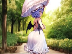 ai_assisted ai_generated alternate_ass_size alternate_body_type ass ass_bigger_than_head ass_bigger_than_torso ass_focus garden gigantic_ass parasol purple_hair red_eyes remilia_scarlet shortstack tagme touhou touhou_project vampire vampire_girl