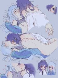 ... 2girls ^^^ arched_back asahina_mafuyu bare_shoulders bed_sheet black_shirt blue_eyes blue_hair blue_jacket blush bottomless breasts cardigan cardigan_partially_removed chibi chopsticks_(user_ufpe4828) close-up clothes_lift cropped_legs cropped_torso disembodied_hand double-parted_bangs face-to-face facing_another facing_up fingering grey_background grey_shirt hair_between_eyes hair_down hair_ornament hair_scrunchie hair_spread_out half-closed_eyes hand_up head_steam heart high_ponytail jacket jacket_partially_removed jitome leaning_on_person licking licking_another's_neck long_hair long_sleeves looking_at_another lying motion_lines multiple_girls multiple_views nipples no_eyes no_mouth nose_blush on_back open_cardigan open_clothes open_jacket parted_lips partially_undressed ponytail profile project_sekai purple_eyes purple_hair saliva_on_breasts scrunchie shirt shirt_lift shoulder_blush side-by-side sidelocks simple_background sketch sleeves_past_wrists small_breasts spoken_ellipsis striped_clothes striped_jacket sweat tearing_up tongue tongue_out trembling white_cardigan yoisaki_kanade yuri