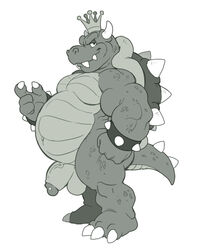 2018 3_toes 4_fingers anthro ass balls bedroom_eyes belly biceps big_belly bowser collar crown half-closed_eyes half-erect horn humanoid_penis king_koopa koopa looking_at_viewer male male_only mario_(series) monochrome musclegut muscular muscular_male navel nintendo nude overweight overweight_male penis presenting presenting_penis retracted_foreskin scales scalie seductive side_view simple_background smile solo spiked_armlet spiked_collar spikes teeth the_super_mario_bros._super_show! toes toomanyboners uncut video_games white_background