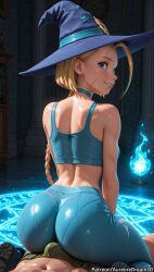 1boy ai_generated ass back bare_shoulders blonde_hair blue_eyes blue_headwear blue_sports_bra braid bulge cammy_white capcom choker epic_games erection erection_under_clothes female fortnite fortnite:_battle_royale from_behind hat looking_at_viewer looking_back magic_circle meitabuu pants scar scar_on_cheek scar_on_face short_hair sitting sitting_on_person smile solo_focus sports_bra straight street_fighter street_fighter_6 street_fighter_v witch witch_hat yoga_pants