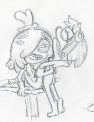 2026 amphibia_(series) amphibian anthro ass breasts clenched_teeth closed_eyes clothing disney duo female female_penetrated frog furniture gloves hair handwear hat headgear headwear hi_res maddie_flour male male/female monochrome nipples open_mouth sex simple_background sprig_plantar table takeshi1000 teeth tongue vaginal vaginal_penetration vaginal_sex white_background