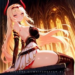 1girls ai_generated amber_eyes ass big_ass big_breasts big_butt blonde_female blonde_hair blush bodysuit breasts castle cinematic_lighting cleavage demiurge_stella demon demon_girl female golden_eyes horned_female horns horny_female large_breasts leotard long_hair looking_at_viewer outerplane round_ass sitting skirt smile smiling smiling_at_viewer stella_(outerplane) stone text thick_thighs thighhighs thighs url waifuheaven_ai watermark