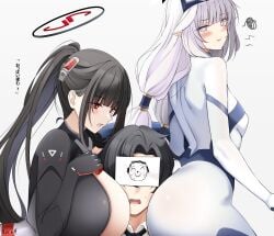 2girls :d ass black_bodysuit black_hair blue_archive blush bodysuit breasts bright_pupils closed_mouth commentary english_commentary halo highres himari_(armed)_(blue_archive) himari_(blue_archive) huge_breasts keenh long_hair looking_at_viewer mole mole_under_eye multiple_girls official_alternate_costume open_mouth pointy_ears ponytail pout red_eyes rio_(armed)_(blue_archive) rio_(blue_archive) sensei_(blue_archive) simple_background smile white_background white_bodysuit white_hair white_pupils