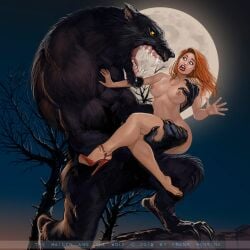 1girls 2d anthro barefoot carrying_another claws female frans_mensink fur ginger high_heels medium_breasts monster moon muscular_anthro nipples nude one_shoe orange_hair scared shoes_only werewolf