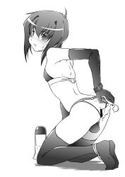 1boy 45acp ahoge aneros arm_behind_back aroused backless_panties bar_censor black_thighhighs blush bondage bound bound_ankles bra censored commentary_request covered_testicles crossdressing crossdressing_(mtf) elbow_gloves from_behind from_side full_body gloves greyscale hair_intakes highres holding holding_sex_toy imminent_penetration invisible_floor kneeling looking_at_viewer lotion_bottle male_focus monochrome natsuki_(45acp) no_shoes o-ring o-ring_bottom o-ring_bra o-ring_panties panties parted_lips prostate_massager salon_pixiv sex_toy sidelocks simple_background small_sweatdrop solo thighhighs trap underwear wrist_belt
