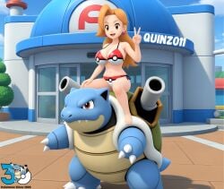 1boy1girl ai ai_art ai_generated anniversary anniversary_logo artist_logo artist_name beauty_(pokemon) beauty_(pokemon_lgpe) belly_button big_breasts bikini blastoise blonde_eyebrows blonde_hair bluesky_link breasts brown_eyes creatures_(company) creatures_inc. earrings female female_focus game_freak grok long_hair male navel nintendo npc_trainer open_mouth peace_sign pokeball_bikini pokeball_print pokecenter pokemon pokemon_(species) pokemon_lgpe purple_earrings quinzo11 self_upload sitting sitting_female sitting_on_blastoise sitting_on_pokemon the_pokemon_company tongue upper_teeth