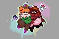 2girls anthro ass backwards_baseball_cap belly blue_hair bottomless bottomless_female boyfriend_(friday_night_funkin) breasts brown_hair bunny bunny_ears bunnysuit cleavage d-side_boyfriend d-side_girlfriend easter fat female female_focus female_only fishnet_legwear fishnets friday_night_funkin friday_night_funkin_(d-side) friday_night_funkin_mod furry girlfriend_(friday_night_funkin) heels hips lagomorph lagomorph_humanoid large_ass large_breasts magic_wand nomuski orange_hair overweight overweight_female rabbit stockings stockings_thigh_highs stomach thick_thighs thighs weight_gain wide_hips