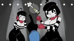 2d 2d_(artwork) 2d_artwork 2girls big_breasts black_eyes black_hair black_sclera bob_cut bonbon_(derpixon) breasts chuchu_(derpixon) cleavage clothed clothing derpixon digital_art digital_drawing digital_drawing_(artwork) digital_media digital_media_(artwork) digital_painting digital_painting_(artwork) duo female female_focus female_only gloves grey_background handwear hat headgear headwear heart_on_cheek heart_symbol huge_breasts large_breasts looking_at_viewer mime mime_and_dash mime_girl multiple_females multiple_girls quinbdoodles red_gloves red_handwear red_scarf scarf short_black_hair short_hair simple_background smile smiling_at_viewer star_(symbol) star_on_cheek tagme thick_thighs thighs upscaled white_body white_eyes white_skin wide_hips