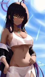 1girls absurdres ahoge backlighting blue_archive blue_sky blush breasts breasts_day cleaning_&_clearing_(blue_archive) cowboy_shot crop_top dark-skinned_female dark_skin day faeflan female good_breasts_day halo highres jewelry karin_(blue_archive) large_breasts light_rays long_hair looking_at_viewer millennium_science_school_student necklace off_shoulder outdoors purple_halo signature sky smile solo stomach sun sweat tan underboob very_long_hair yellow_eyes