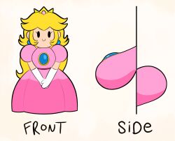 1girls ass big_breasts big_butt black_eyes blonde_hair breasts closed_smile clothed clothing crown dress elbow_gloves female front_view huge_ass huge_breasts huge_butt humor long_hair mario_(series) ota_(artist) paper paper_mario paper_peach pink_dress princess_peach side_view simple_eyes simple_face smile solo white_elbow_gloves white_gloves