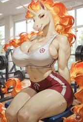 ai_assisted ai_generated anthro arched_back arms aroused back behind chest creature cute equine facing_viewer feet female fire flame fluffy fur gym gym_clothes gym_uniform hands holdsteady horny horse large_breasts looking_at_viewer mane nintendo orange patreon patreon_username perfect_body pokemon pokemon_(species) rapidash sexy shorts sitting slim smile tagme tail tank_top teeth tuft unicorn voluptuous