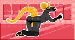 anthro ass backsack balls black_body black_fur dither_rat eyeliner femboy fur genitals kneeling looking_at_viewer makeup male mammal murid murine paws rat rodent solo tar_(dither_rat) yellow_ears