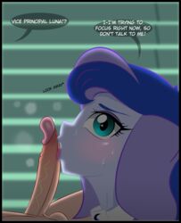 1girls balls blowjob blush dialogue duo equestria_girls eyeshadow fellatio female female_focus friendship_is_magic hasbro human makeup male mammal my_little_pony oral penis princess_luna_(mlp) sex straight tongue tongue_out tsudashie unseen_male_face vice_principal_luna