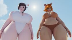 2girls 3d big_breasts bikini blender chubby_female cleavage huge_breasts large_breasts low-angle_view marvel marvel_rivals mei_(overwatch) one_piece_swimsuit orange_hair overwatch scrag_boy_(model) scrag_mei short_hair squirrel_girl_(marvel) squirrel_girl_(marvel_rivals) stumpzart swimsuit thick_thighs wide_hips