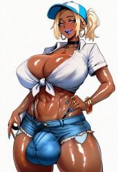 1futa abs ai_generated big_balls big_breasts big_penis blonde_female blonde_hair blue_eyes blue_lipstick blue_nails breasts bulge bulge_through_clothing cap cleavage dark_skin dark_skinned_female donbe earrings futanari gyaru jewelry large_breasts looking_at_another looking_down maddogai makeup minishorts muscles muscular muscular_female oc original_character pierced_ears piercings ponytail shiny_skin solo solo_futa teeth thick_thighs thighs tongue tongue_out white_background