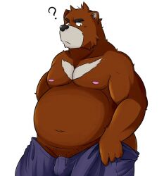 2015 bear brown_fur bulge clothing male moobs navel nipples overweight overweight_male pants penis ursid visual_novel