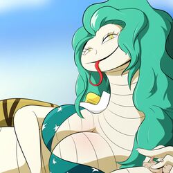 boa_sandersonia breasts cleavage clothed clothing davidsanchan duo faceless_male female green_hair hair hebi_hebi_no_mi,_model:_anaconda larger_female long_hair looking_at_viewer male naga non-mammal_breasts one_piece penis reptile scalie size_difference snake snake_girl snake_tongue tongue tongue_out