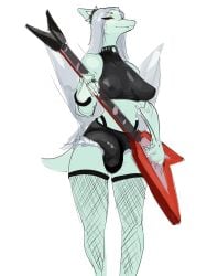 3:4 anthro bulge clothed clothing detailed_bulge fang_(gvh) genital_outline goodbye_volcano_high guitar gynomorph hi_res intersex ko_op_(game_developer) looking_at_viewer magnetus musical_instrument no_bra penis_outline plucked_string_instrument prehistoric_species pterosaur reptile scalie solo string_instrument