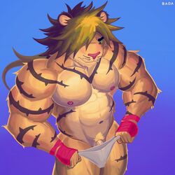 abs absurd_res anthro bada-butterfly biceps big_muscles clothing digital_media_(artwork) feline fur hair hi_res kemono lion macan_(tokyo_afterschool_summoners) magan male male_only mammal muscular muscular_male navel nipples nude pecs penis pubes simple_background solo standing stripes tiger tokyo_afterschool_summoners