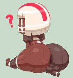 1boy ? animate_inanimate anus ass ball balls big_butt blonde_hair clothing crossdressing dark-skinned_femboy dark-skinned_male dark_skin femboy flaccid football foreskin girly gloves hair huge_butt humanoid humanoid_penis looking_back male male_focus male_only nude penis pigskin short_hair shortstack simple_background sitting small_penis solo submissive_male sweat teapot_(body_type) thick_thighs trap uncut wide_hips zeeman