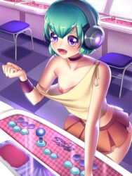 1girls accidental_exposure aim-e_sparks_(booty_calls) arcade areolae booty_calls choker erect_nipples exposed exposed_nipples female_only flat_chest gamer_girl headphones light-skinned_female nipples nutaku purple_eyes skirt small_breasts solo teal_hair unaware wardrobe_malfunction