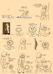 blush bulge clothing comic digital_media_(artwork) english_text female flower flowey_the_flower frisk frisky_(under(her)tail) human male mammal one_eye_closed peddles plant rule_63 text thewill under(her)tail undertale undertale_fanfiction undressing video_games vines wink