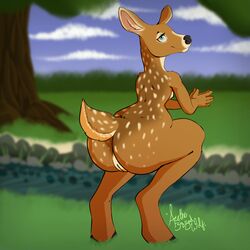 acethebigbadwolf anthro armor ass blue_eyes cervine creek deer digital_media_(artwork) female flat_chested forest grass kneeling knife mammal nipples nude pussy tree water