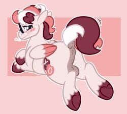 anus ass backsack balls blush blush_lines curly_hair cutie_mark dragunsnack embarrassed equid equine eyewear fan_character feral friendship_is_magic genitals glasses hair hasbro heart_symbol hi_res hooves horse male mammal my_little_pony mythological_creature mythological_equine mythology pegasus pony presenting presenting_hindquarters puffy_anus raised_tail solo sweet_heart_(dragunsnack) tail wearing_glasses whinny wings wobbly_mouth