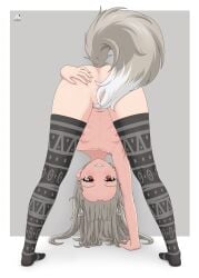 :d absurdres acrux animal_ear_fluff animal_ears arm_support artist_logo ass border breasts collarbone commentary commission convenient_tail dated english_commentary female forehead frontbend full_body grey_background grey_hair grey_thighhighs grin highres logo looking_through_own_legs myuri_(spice_and_wolf) navel nipples open_mouth outside_border pattern_request red_eyes skindentation small_breasts smile solo spice_and_wolf spreading_own_ass stomach tail thighhighs upside-down white_border wolf_ears wolf_girl wolf_tail