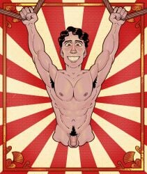 1boy amputated_leg amputated_legs circus circus_poster dark_hair digital_drawing_(artwork) digital_media_(artwork) freakshow freakshow_poster hanging_from_rope happy herbert_humbug hoist male male_focus male_only mr_shrink muscular muscular_male naked no_legs original original_character penis performance performing poster ropes sacral_agenesis sideshow smiling solo solo_focus solo_male strong strong_man strongman styled_hair uncircumcised