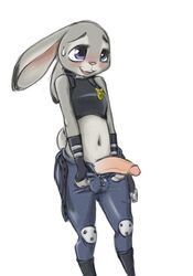 1futa anthro ball_bulge balls balls_in_panties balls_under_clothes blush clothed clothing dickgirl disney embarrassed embarrassed_nude_futa flat_chest flat_chested furry futa_only futanari half-erect humanoid_penis intersex judy_hopps lagomorph large_penis mammal open_pants panties panty_bulge partially_clothed penis penis_out rabbit solo standing sweat undressing uniform yang_(artist) zootopia