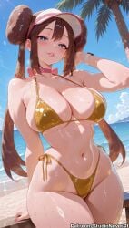 ai_generated bare_shoulders beach bikini blue_eyes blue_sky blush breasts brown_hair choker cleavage cloud collarbone day double_bun female gold_bikini hair_bun highleg highleg_bikini large_breasts long_hair looking_at_viewer meitabuu navel ocean outdoors parted_lips pokemon pokemon_(game) pokemon_bw pokemon_bw2 rosa_(pokemon) sky smile solo stomach swimsuit thighs tree twintails visor_cap wet