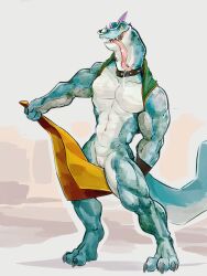 anthro blush bodily_fluids claws clothed clothing clothing_lift collar dripping facial_piercing hi_res komodo_dragon lizard looking_pleasured male modo_olachenko monitor_lizard muscular muscular_male nose_piercing piercing reptile rougers saliva saliva_drip scalie shirt shirt_lift slit_penis smile solo standing tail tongue tongue_out tongue_piercing topwear towel wet wet_clothing