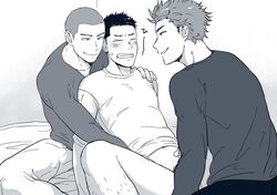 3boys bed body_hair clenched_teeth grin kemukemuke male_focus multiple_boys naughty_face smile smirk tagme undressing yaoi