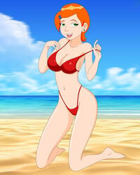 1girls beach ben_10 bikini female female_only gwen_tennyson ocean orange_hair outside pervyangel red_bikini red_thong solo solo_female thong thong_bikini