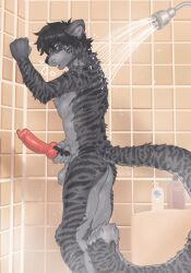 absurd_res animal_genitalia animal_penis anthro ayafiy0 balls bathing blue_eyes butt canine_genitalia canine_penis erection eyebrows felid fur genitals grey_body grey_fur grey_hair hair hi_res holding_knot_root inside knot knot_tugging knotted_penis leaning leaning_forward leaning_on_wall male mammal markings masturbation messy_hair pantherine penis pink_penis sheath shower showering solo standing steam striped_body striped_fur striped_markings stripes tail tiger water wet