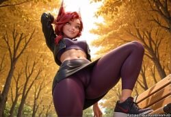 abs ai_generated animal_ears arm_behind_head bench black_footwear black_jacket black_skirt breasts cameltoe crop_top cropped_jacket facial_mark female forest fox_ears from_below jacket league_of_legends lips long_hair looking_at_viewer looking_down medium_breasts meitabuu midriff miniskirt navel open_clothes open_jacket outdoors parted_lips red_hair riot_games shoes skirt smile sneakers solo toned tree vastaya xayah yellow_eyes