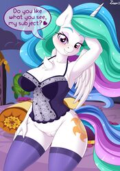 2018 absurd_res alicorn anthro anthrofied blush clothing cutie_mark dialogue digital_media_(artwork) english_text equine feathered_wings feathers female friendship_is_magic hair hi_res horn legwear long_hair looking_at_viewer mammal multicolored_hair my_little_pony princess_celestia_(mlp) pussy solo text wings ziemniax