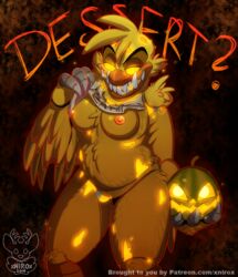 animatronic breasts female five_nights_at_freddy's glowing glowing_eyes jack-o'-chica machine nipples presenting pussy robot sharp_teeth solo teeth video_games xnirox