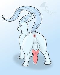 absurd_res animal_genitalia animal_penis anus articuno ass backsack balls canine_genitalia canine_penis claws digitigrade eeveelution eyelashes femboy feral generation_1_pokemon generation_4_pokemon genitals glaceon hi_res hybrid knot legendary_pokemon long_ears looking_back male nintendo onesaucydragon paws penis pokemon pokemon_(species) presenting presenting_hindquarters raised_tail rear_view smile solo tail