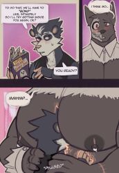 3_panel_comic absurd_res adrian_(king_slabu) american_opossum anthro between_pecs big_muscles big_nipples big_pecs black_body black_clothing black_fur black_shirt black_tank_top black_topwear blush blush_stickers bodily_fluids bone canid canine canis clothed clothing comic dialogue digital_media_(artwork) domestic_dog duo ellipsis english_text eyewear face_between_pecs fur glasses head_between_pecs hi_res huge_pecs king_slabu lactating larger_male looking_at_another male male/male male_lactation mammal marsupial muscular muscular_anthro muscular_male nipples nolan_(king_slabu) pec_smothering pecs question_mark research_paper scar shirt size_difference skull smothering speech_bubble spirit tank_top text topwear torn_clothing torn_topwear virginia_opossum
