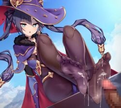 1boy 1girls blue_sky censored censored_penis cloud cock cum dark-skinned_male dick ejaculation female foot_fetish footjob genitals genshin_impact hagakure_kurage hair_between_eyes hat male mona_(genshin_impact) mosaic_censoring orgasm pantyhose penis semen thick_thighs thighs woman