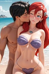 1boy ai_generated ariel_(the_little_mermaid) beach bikini black_hair blue_eyes blush breasts cheek_kiss closed_eyes couple day disney disney_princess female hair_ornament hi_res high_quality high_resolution horizon jewelry kissing long_hair navel necklace ocean one_eye_closed outdoors patreon red_hair sand seductive sexy shell shore spicytoonai straight strapless swimsuit the_little_mermaid_(1989_film) uncensored water watermark
