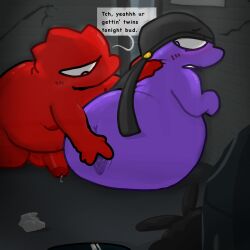 1_eye alley andromorph anthro anus bodily_fluids candy dessert duo durag fan_character food food_creature genital_fluids genitals grabbing_neck gummy_(food) gummy_creature hi_res intersex intersex/male leaking_precum living_candy male nakeilyar not_furry overweight overweight_male penis precum purple_body questionable_consent red_body speech_bubble spread_vulva spreading vaginal_fluids vulva